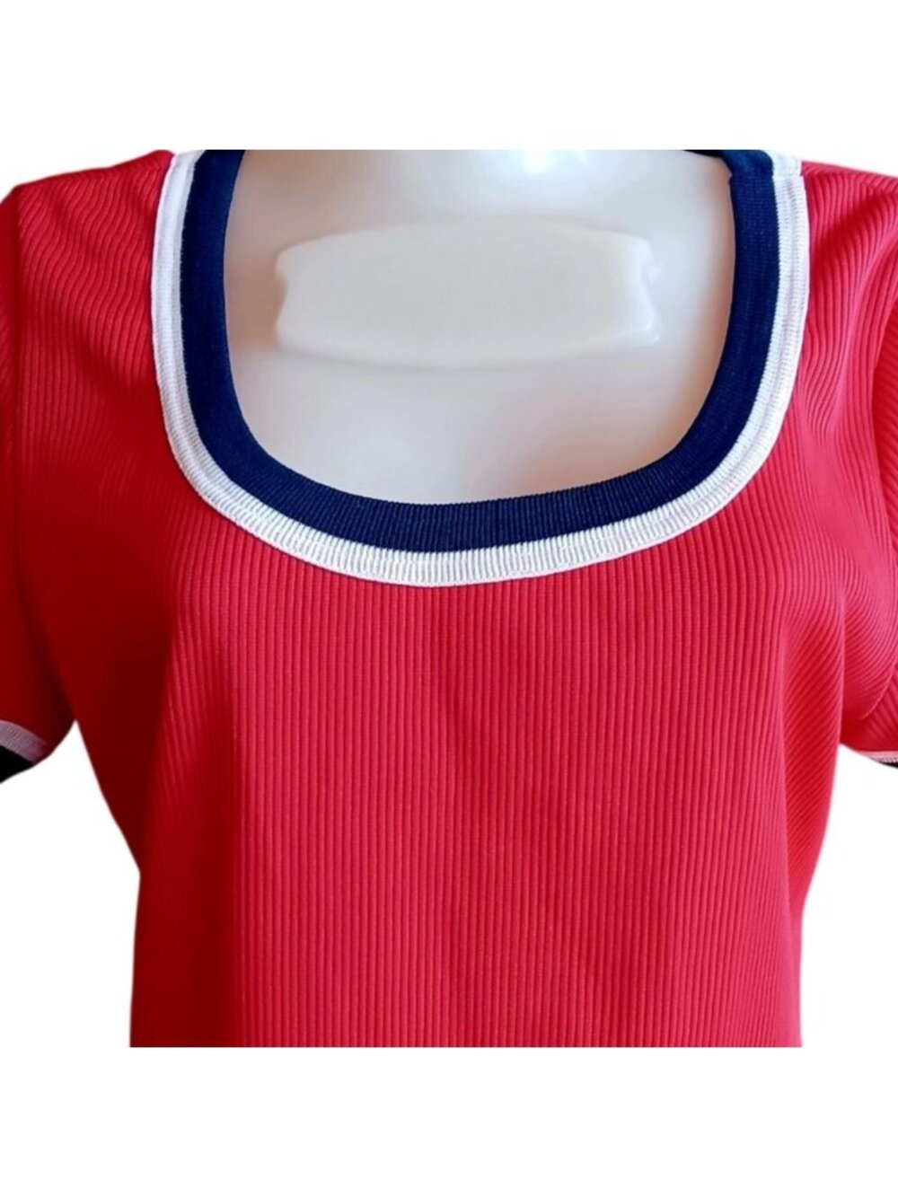 True Vintage T-shirt Large SIngle Stitch 80's Red Ribbed Knit Top Blue Trim
